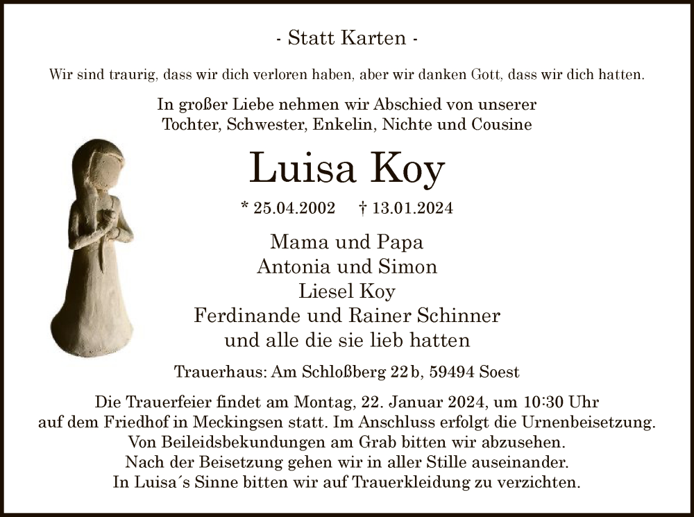  Traueranzeige für Luisa Koy vom 19.01.2024 aus WA