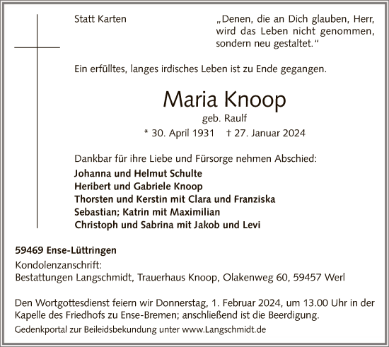 Traueranzeige von Maria Knoop von WA