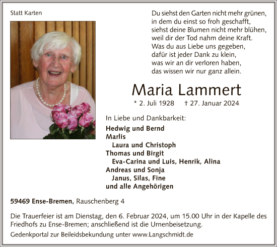 Traueranzeige von Maria Lammert von WA