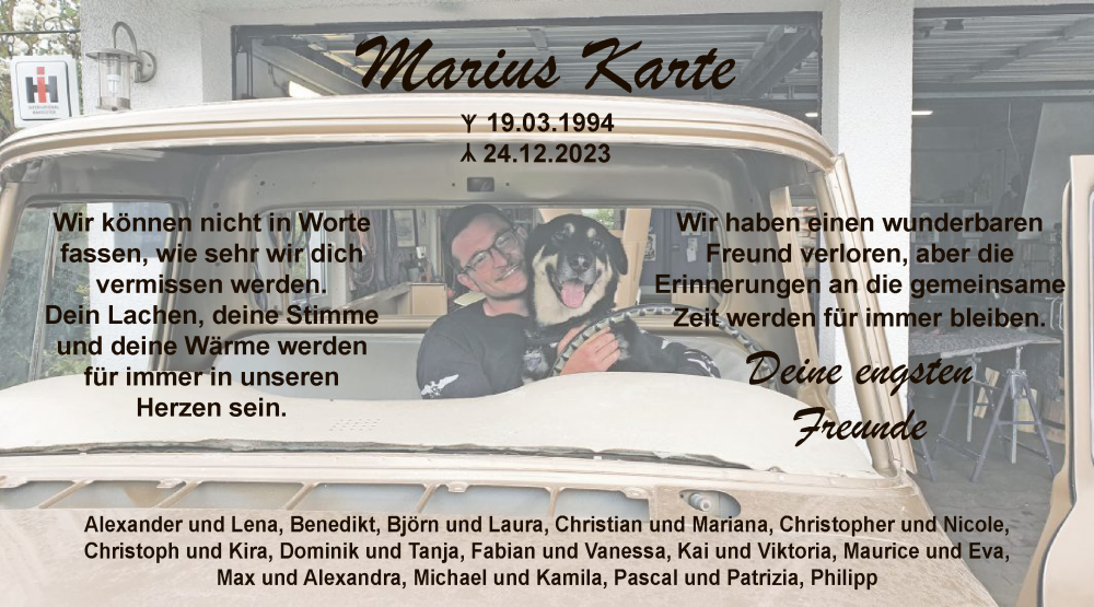  Traueranzeige für Marius Karte vom 06.01.2024 aus WA
