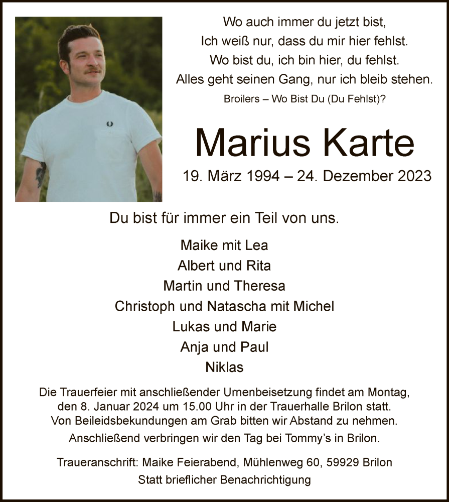  Traueranzeige für Marius Karte vom 06.01.2024 aus WA
