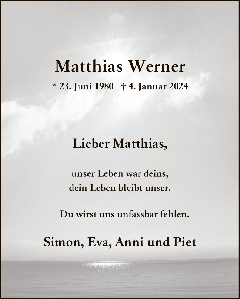 Traueranzeige für Matthias Werner vom 09.01.2024 aus WA