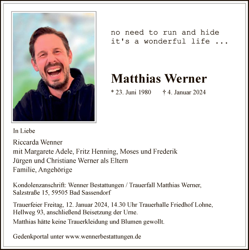  Traueranzeige für Matthias Werner vom 08.01.2024 aus WA