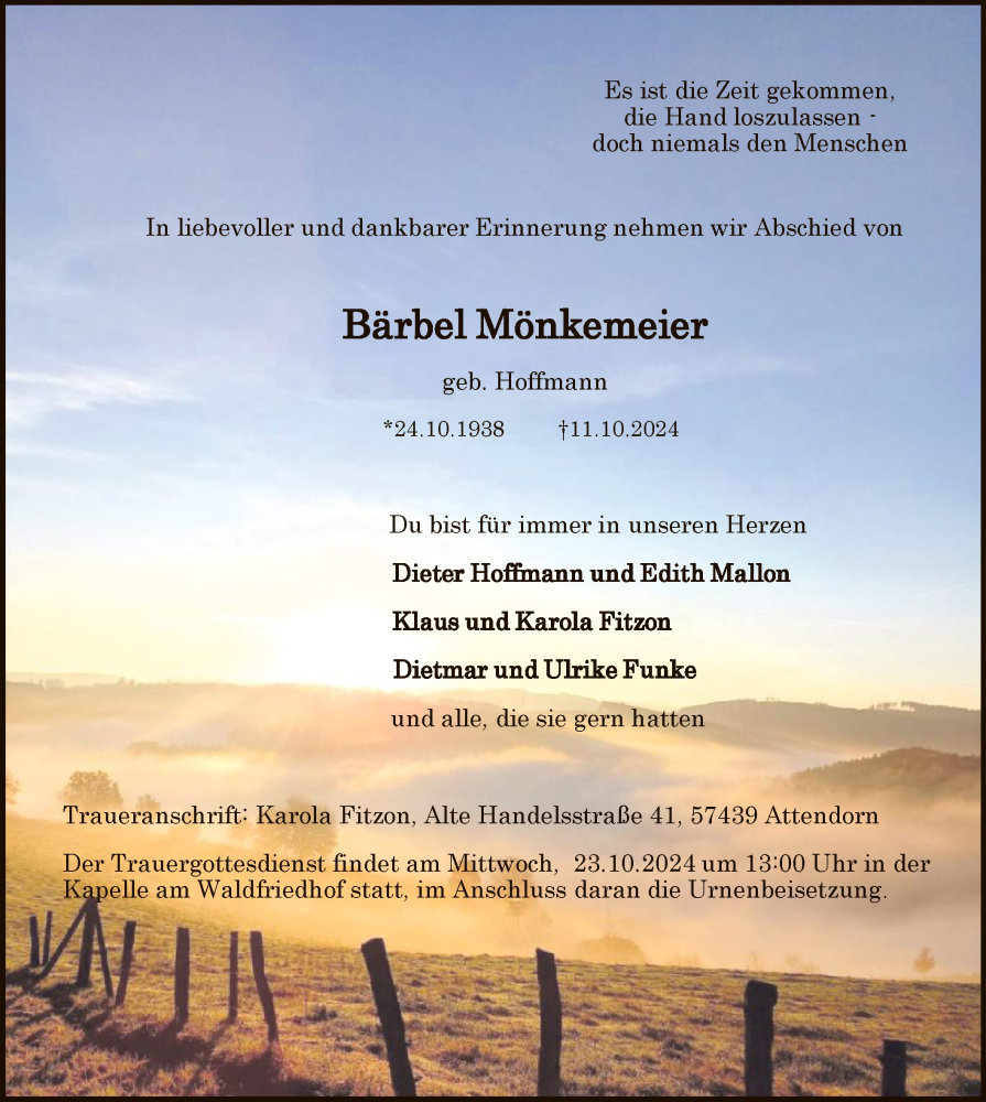  Traueranzeige für Bärbel Mönkemeier vom 19.10.2024 aus WA