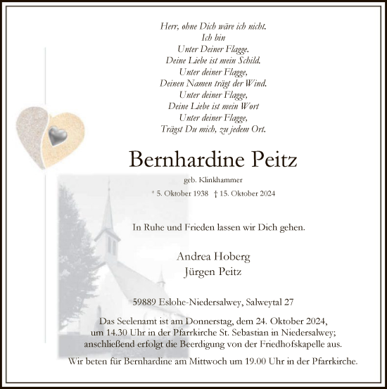 Traueranzeige von Bernhardine Peitz von WA