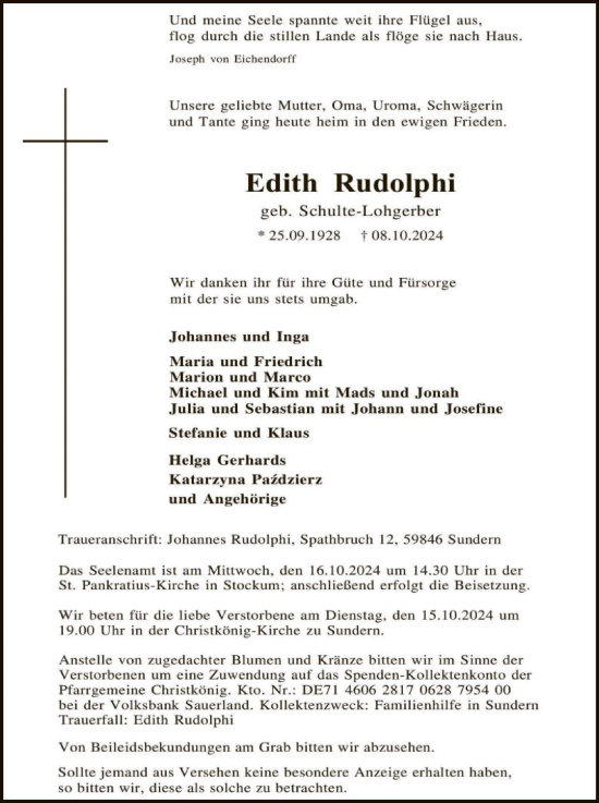 Traueranzeige von Edith Rudolphi von WA