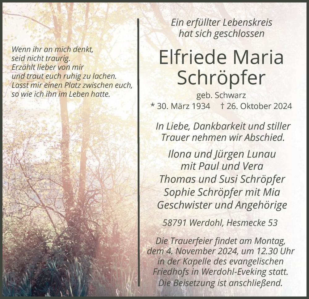  Traueranzeige für Elfriede Maria Schröpfer vom 29.10.2024 aus WA