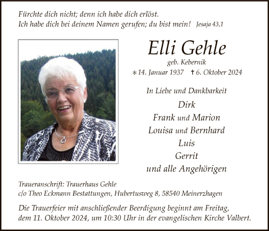 Traueranzeige von Elli Gehle von WA