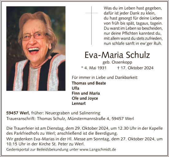 Traueranzeige von Eva-Maria Schulz von WA