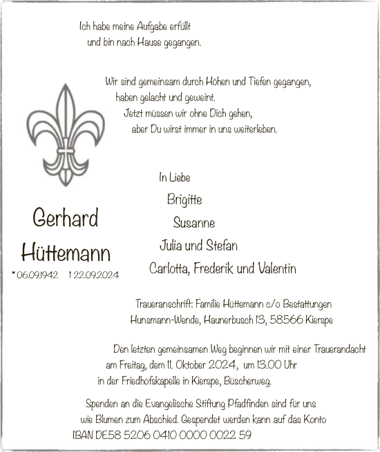 Traueranzeige von Gerhard Hüttemann von WA