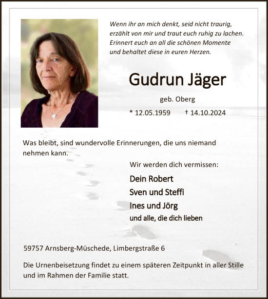 Traueranzeige von Gudrun Jäger von WA