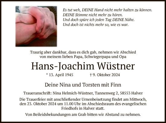Traueranzeige von Hans-Joachim Wüstner von WA
