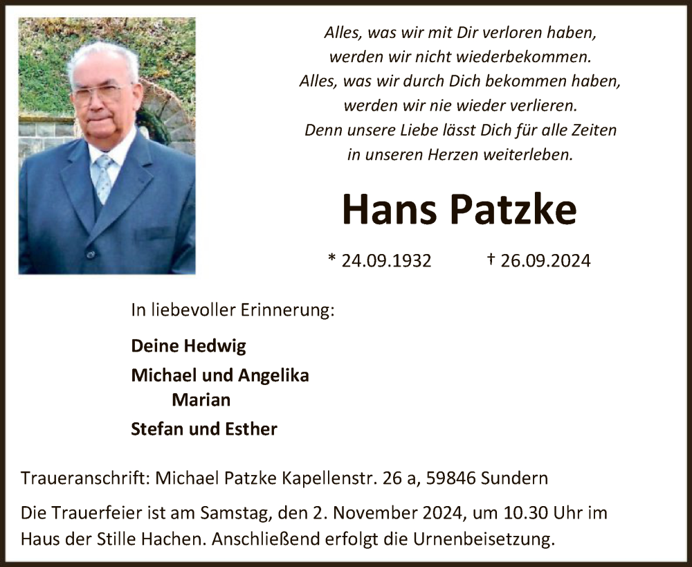  Traueranzeige für Hans Patzke vom 19.10.2024 aus WA