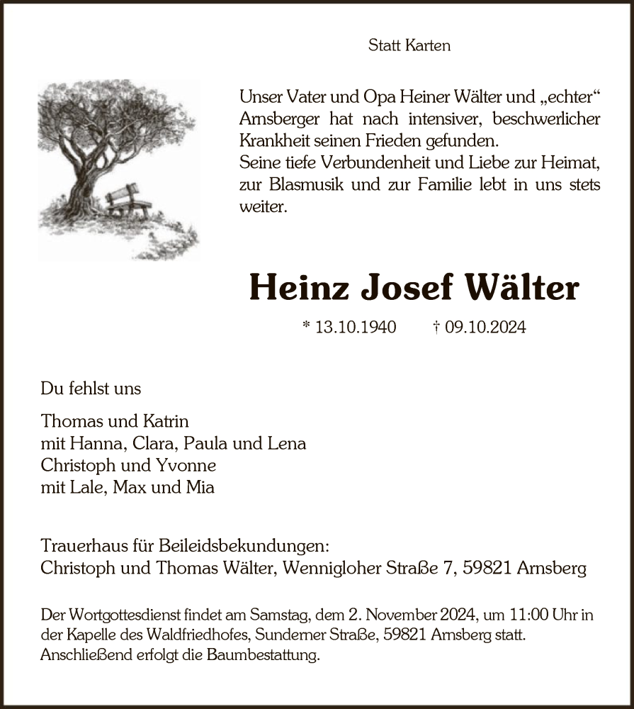  Traueranzeige für Heinz Josef Wälter vom 26.10.2024 aus WA