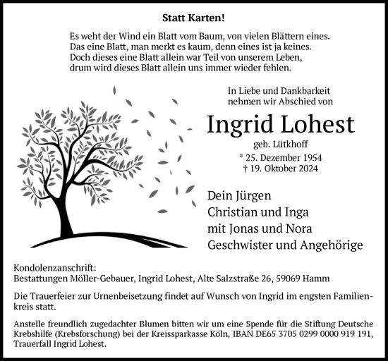 Traueranzeige von Ingrid Lohest von WA