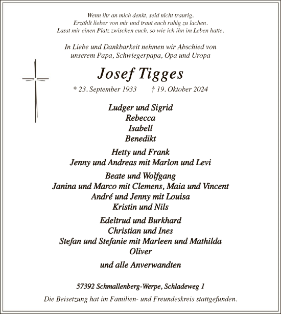 Traueranzeige von Josef Tigges von WA