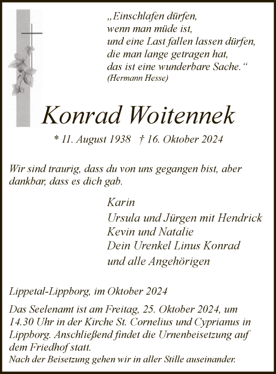 Traueranzeige von Konrad Woitennek von WA
