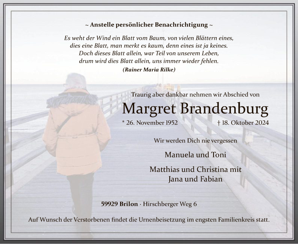  Traueranzeige für Margret Brandenburg vom 26.10.2024 aus WA