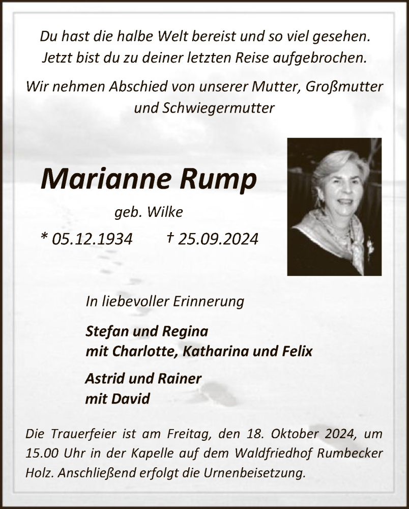  Traueranzeige für Marianne Rump vom 12.10.2024 aus WA