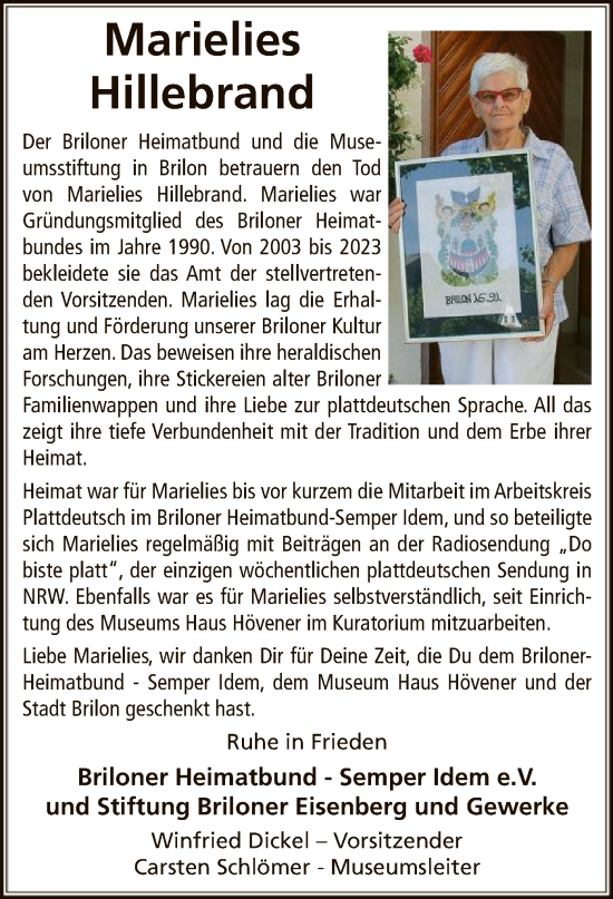 Traueranzeige von Marielies Hillebrand von WA
