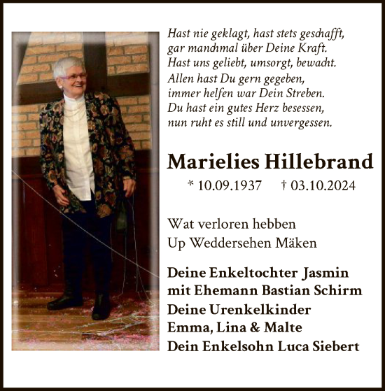 Traueranzeige von Marielies Hillebrand von WA