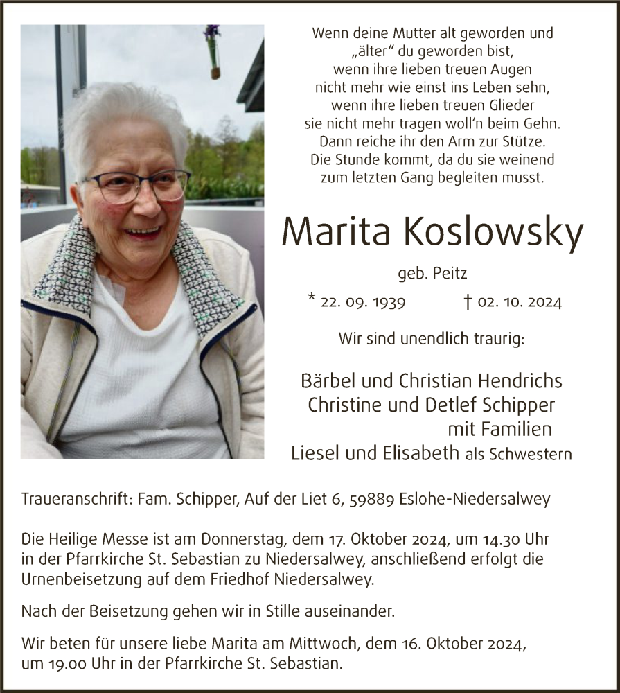  Traueranzeige für Marita Koslowsky vom 12.10.2024 aus WA