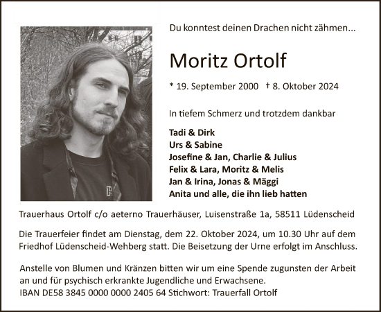 Traueranzeige von Moritz Ortolf von WA