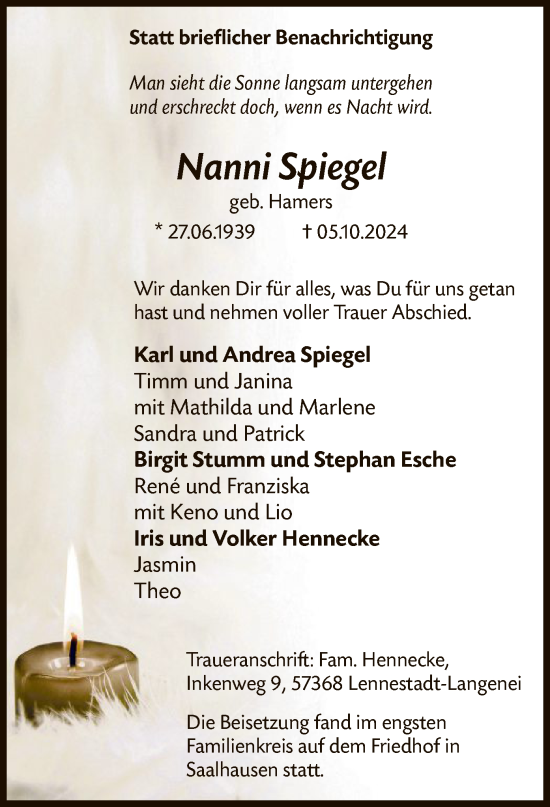 Traueranzeige von Nanni Spiegel von WA