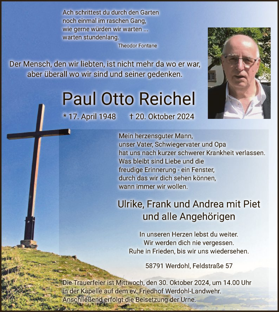  Traueranzeige für Paul Otto Reichel vom 26.10.2024 aus WA