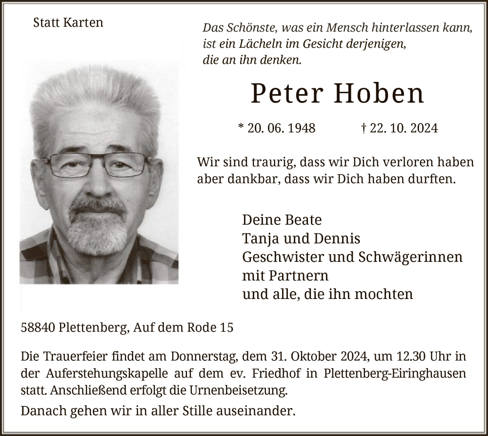  Traueranzeige für Peter Hoben vom 26.10.2024 aus WA