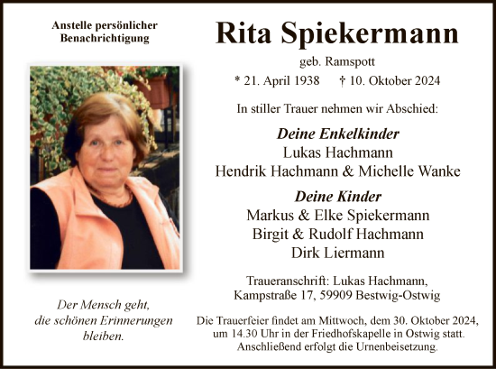 Traueranzeige von Rita Spiekermann von WA