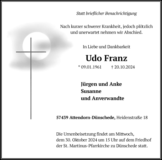 Traueranzeige von Udo Franz von WA