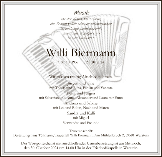 Traueranzeige von Willi Biermann von WA