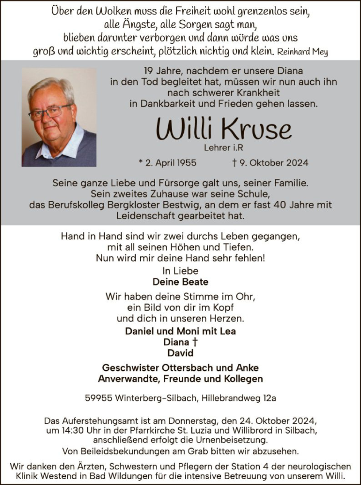  Traueranzeige für Willi Kruse vom 19.10.2024 aus WA
