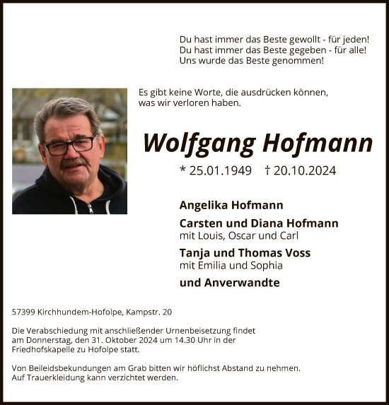 Traueranzeige von Wolfgang Hofmann von WA