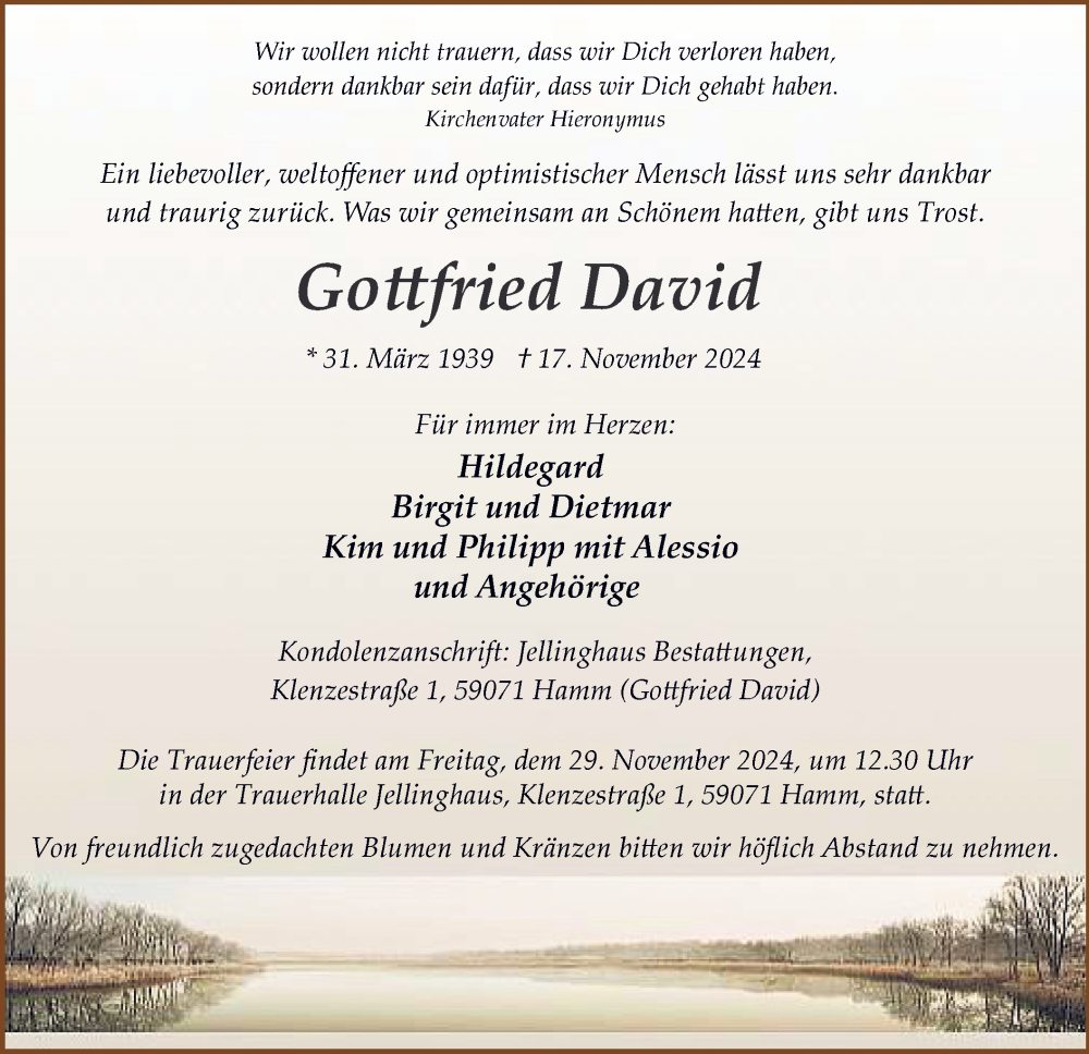  Traueranzeige für Gottfried David vom 23.11.2024 aus WA