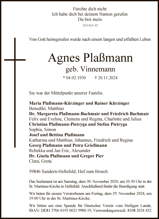 Traueranzeige von Agnes Plaßmann von WA
