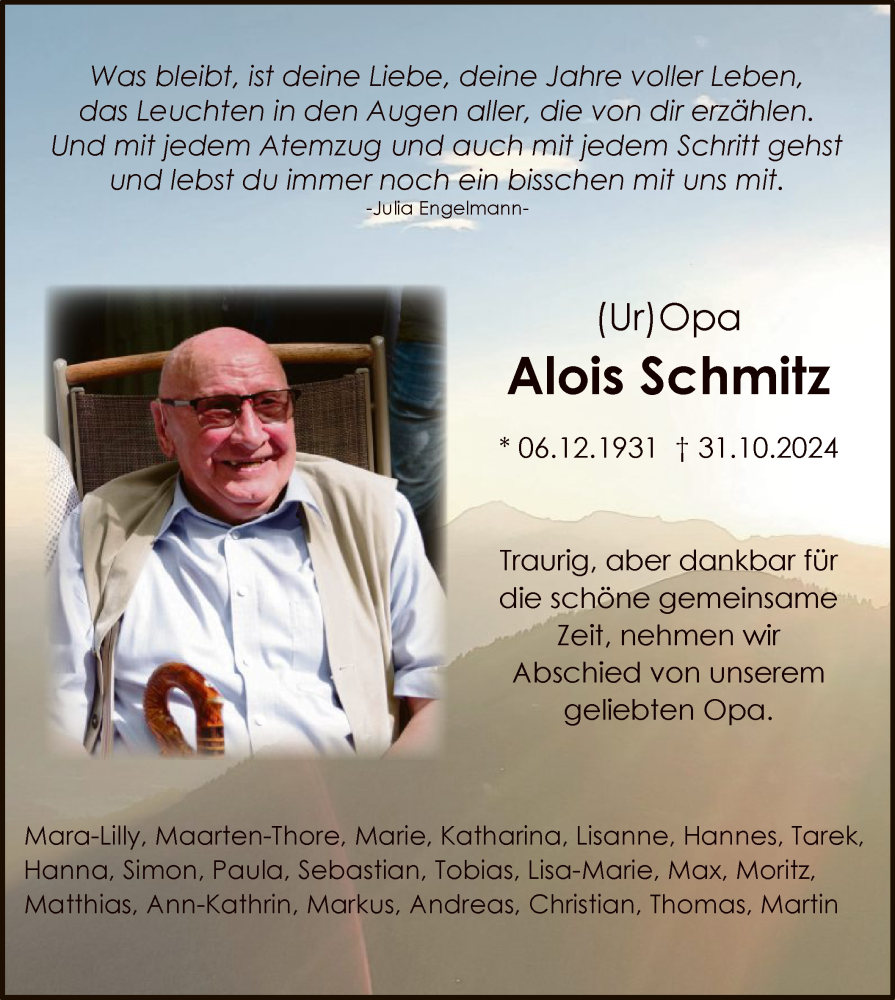  Traueranzeige für Alois Schmitz vom 09.11.2024 aus WA