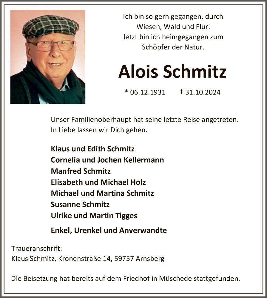  Traueranzeige für Alois Schmitz vom 09.11.2024 aus WA