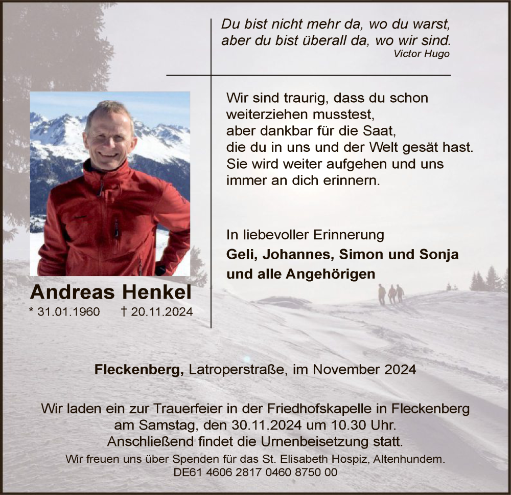  Traueranzeige für Andreas Henkel vom 23.11.2024 aus WA