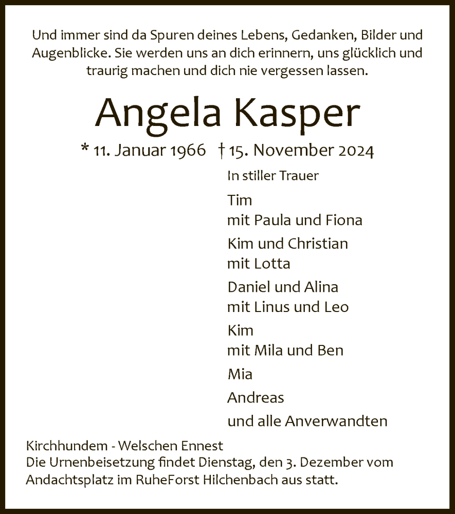  Traueranzeige für Angela Kasper vom 23.11.2024 aus WA
