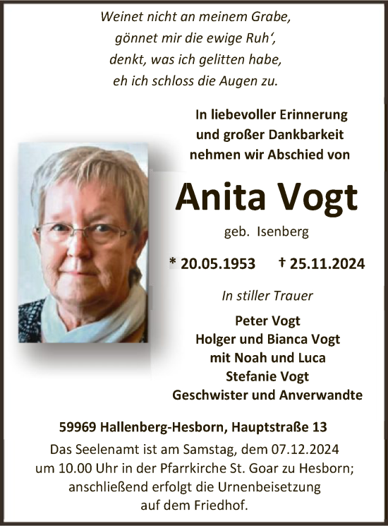 Traueranzeige von Anita Vogt von WA