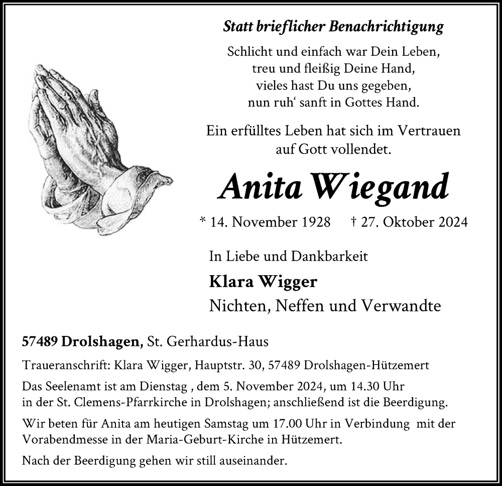  Traueranzeige für Anita Wiegand vom 02.11.2024 aus WA
