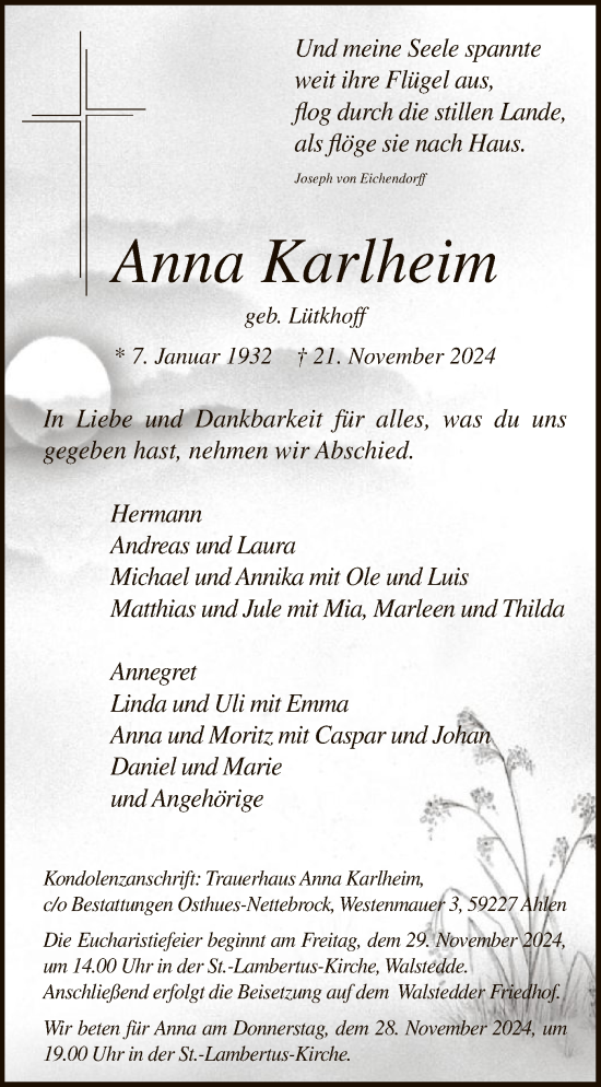 Traueranzeige von Anna Karlheim von WA