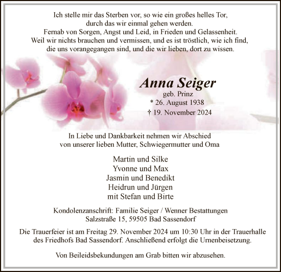 Traueranzeige von Anna Seiger von WA