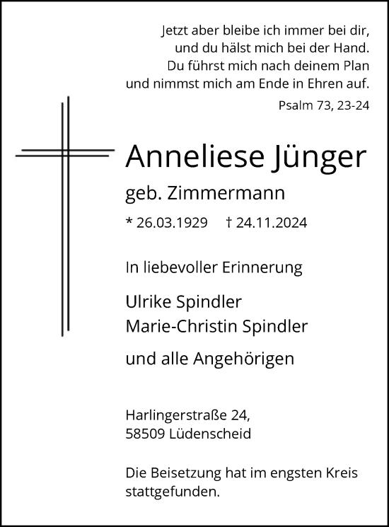 Traueranzeige von Anneliese Jünger von WA