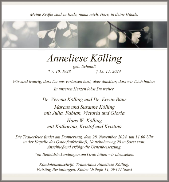 Traueranzeige von Anneliese Kölling von WA