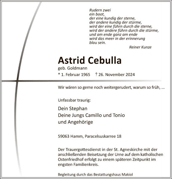 Traueranzeige von Astrid Cebulla von WA