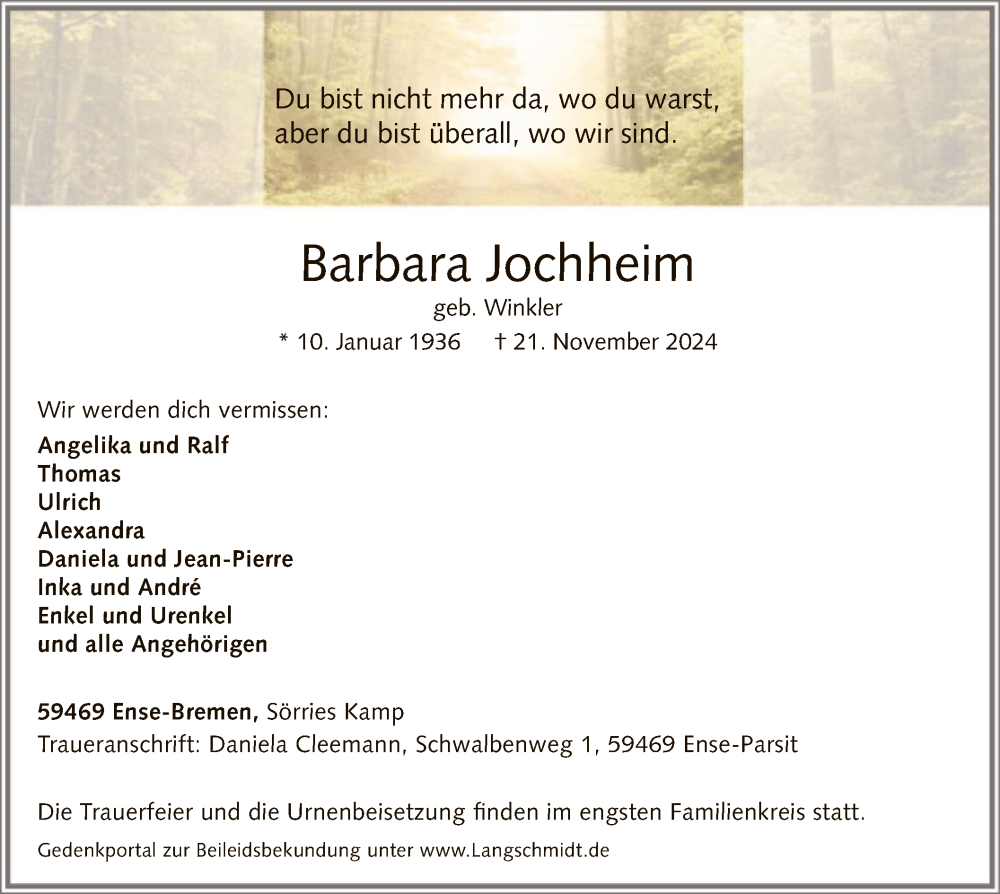  Traueranzeige für Barbara Jochheim vom 23.11.2024 aus WA