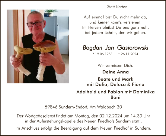 Traueranzeige von Bogdan Jan Gasiorowski von WA